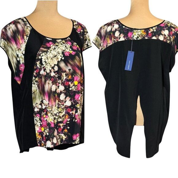 NWT Rebecca Minkoff Silk Floral Top Sz.L Black Pink Sleeveless Contrast Designer - Picture 2 of 11